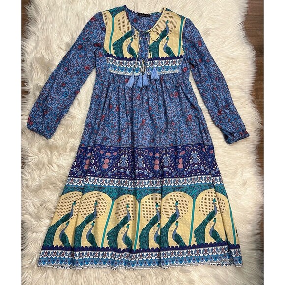 R. Vivimos Dress Artsy Colorful Boho Peacock Blue Floral V-Neck Bold Size 2 - Picture 1 of 12